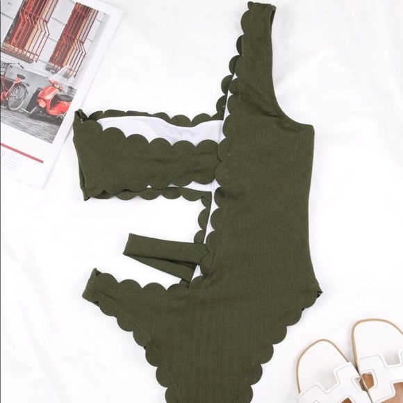 Army Green One Piece Cut Out Swimsuit - Picture 2 of 6